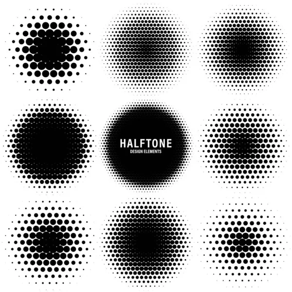 Circle halftone design elements with black dots isolated on white background. Comic dotted pattern.Vector illustration. — Stock Vector