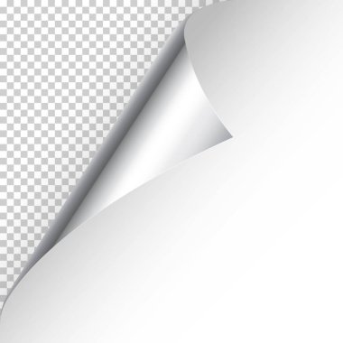 Arka planda gölgesi olan gerçekçi gümüş kıvrımlı sayfa köşesi. Tebrik kartı tasarım elemanı. Boş bir kağıt parçası. Vektör illüstrasyonu.