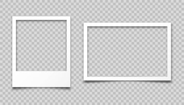 Gerçekçi boş fotoğraf kartı çerçevesi, film seti. Retro vintage fotoğraf. Dijital enstantane görüntüsü. Tasarım için şablon ya da maket. Vektör illüstrasyonu.