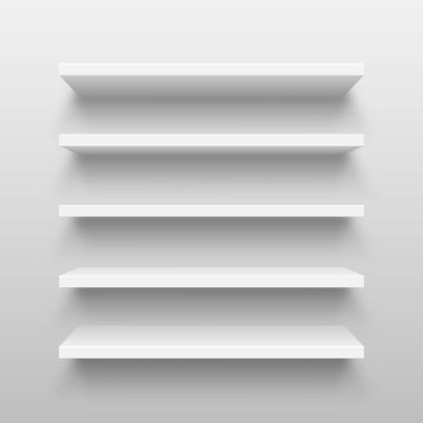 Soyut stüdyo arka planında gerçekçi beyaz duvar raf koleksiyonu. Boş mağaza rafı. Vektör illüstrasyonu.