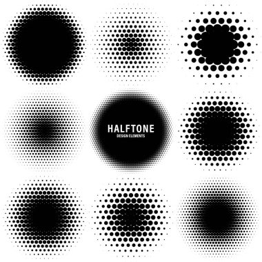 Circle halftone design elements with black dots isolated on white background. Comic dotted pattern.Vector illustration. clipart