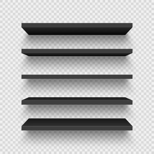 Realistisk svart vägg hylla samling på rutig bakgrund. Tomma hyllor. Vektorillustration. — Stock vektor