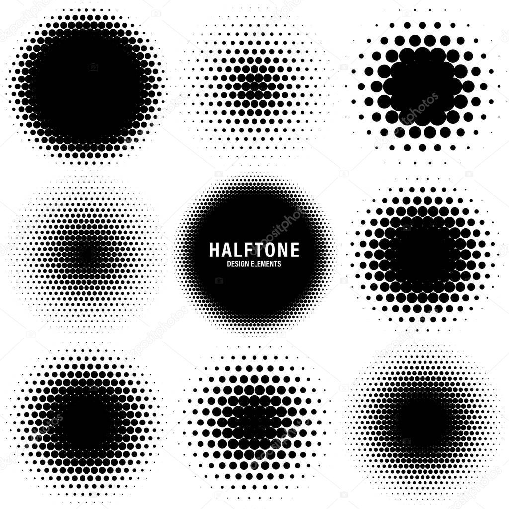 Circle halftone design elements with black dots isolated on white background. Comic dotted pattern.Vector illustration