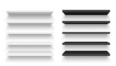 Arkaplanda siyah beyaz duvar koleksiyonu var. Boş mağaza rafı. Vektör illüstrasyonu.