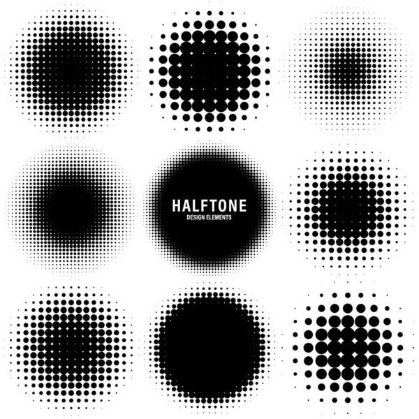 Circle halftone design elements with black dots isolated on white background. Comic dotted pattern.Vector illustration. — Stock Vector