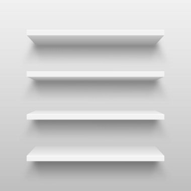 Soyut stüdyo arka planında gerçekçi beyaz duvar raf koleksiyonu. Boş mağaza rafı. Vektör illüstrasyonu.