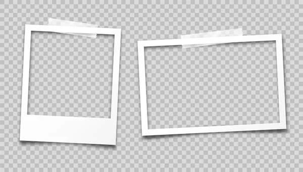 Realistisch leeg fotokaartframe, filmset. Retro vintage foto met transparant plakband. Digitale momentopname. Model of model voor ontwerp. Vectorillustratie. — Stockvector