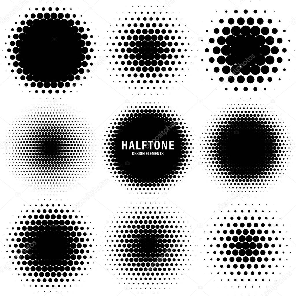 Circle halftone design elements with black dots isolated on white background. Comic dotted pattern.Vector illustration