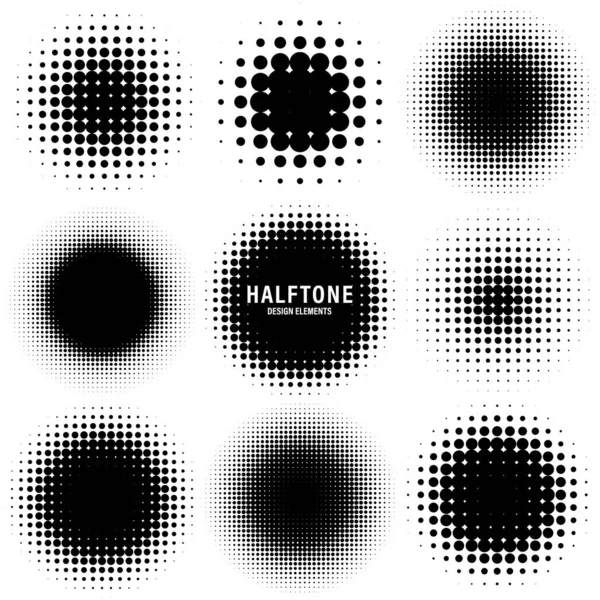 Círculo de elementos de diseño de medio tono con puntos negros aislados sobre fondo blanco. Patrón de puntos cómicos.Ilustración vectorial. — Vector de stock