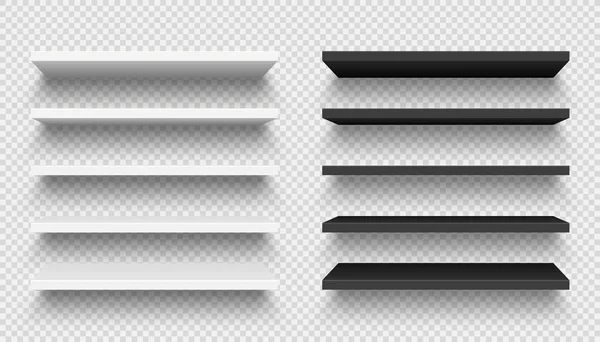 Realistische schwarz-weiße Wandregalkollektion isoliert auf weißem Hintergrund. Leere Regale. Vektorillustration. — Stockvektor
