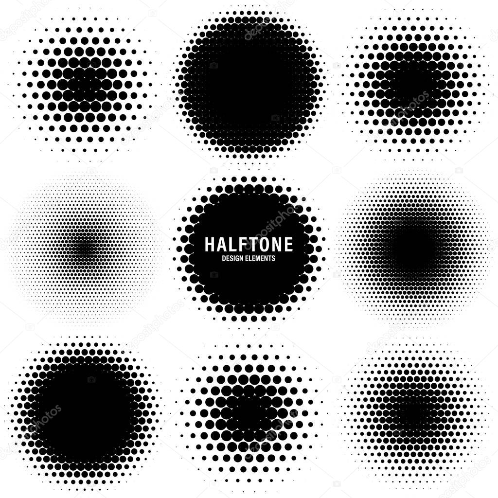 Circle halftone design elements with black dots isolated on white background. Comic dotted pattern.Vector illustration
