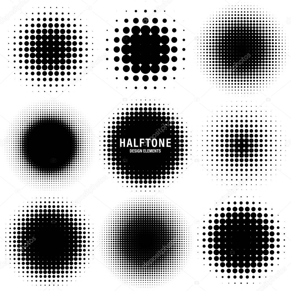 Circle halftone design elements with black dots isolated on white background. Comic dotted pattern.Vector illustration