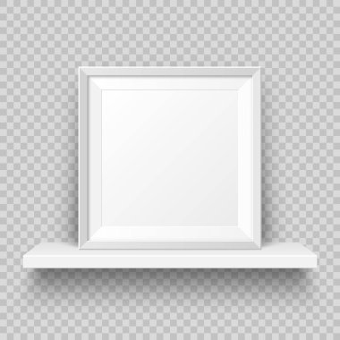 Realistic wall shelf with empty picture frame. Poster mockup for design. Vector Illustration.