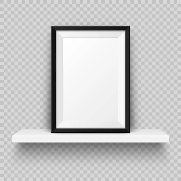 Realistic wall shelf with empty picture frame. Poster mockup for design. Vector Illustration. — 스톡 벡터