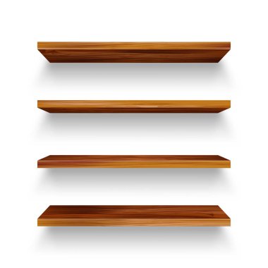 Realistic empty wooden store shelves set. Product shelf with wood texture. Grocery wall rack. Vector illustration.