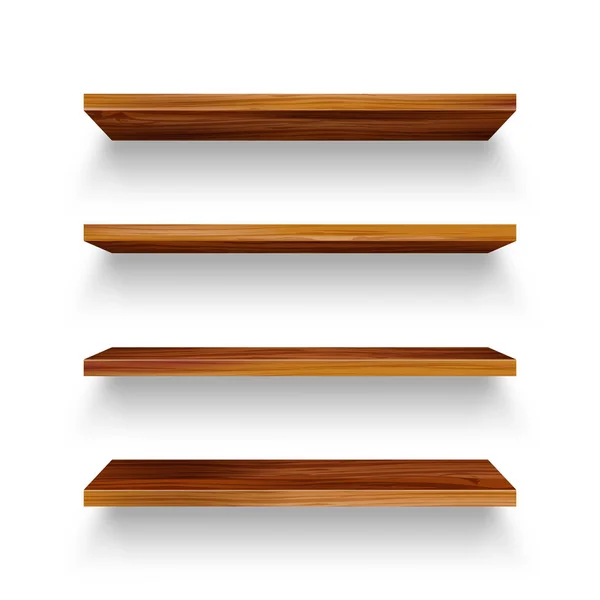 Realistic empty wooden store shelves set. Product shelf with wood texture. Grocery wall rack. Vector illustration. — 图库矢量图片