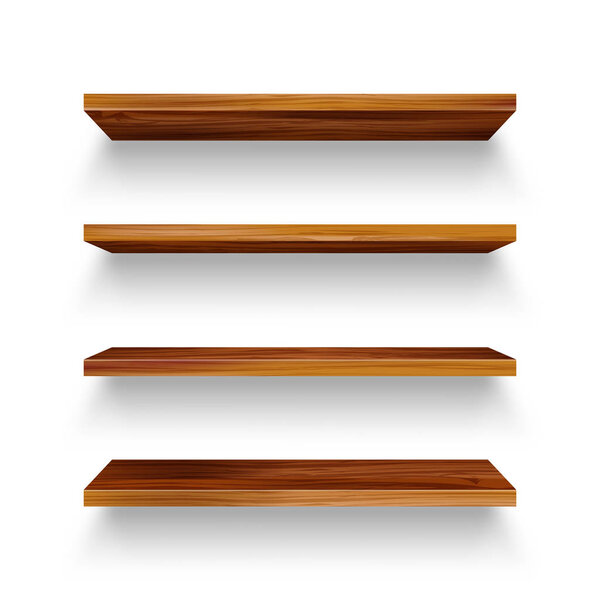 Realistic empty wooden store shelves set. Product shelf with wood texture. Grocery wall rack. Vector illustration.