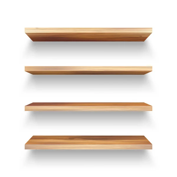 Estantes de madera vacíos realistas fijados. Estante del producto con textura de madera. Bastidor de pared del supermercado. Ilustración vectorial . — Archivo Imágenes Vectoriales