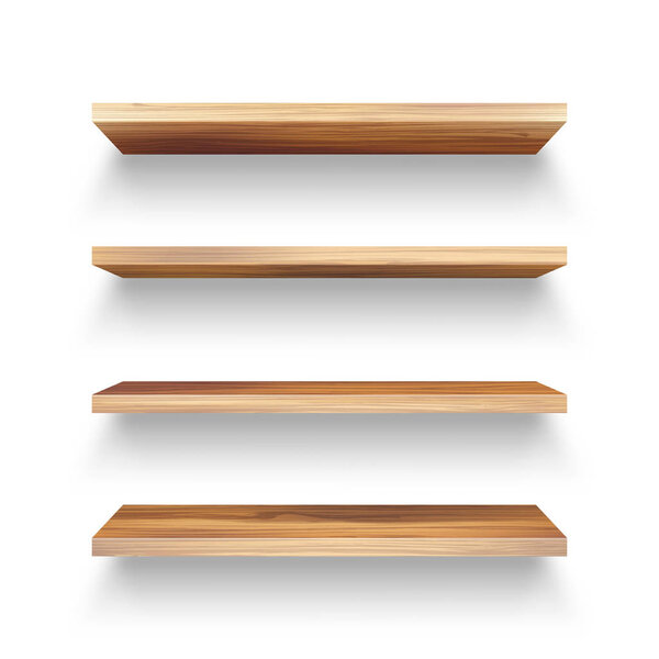 Realistic empty wooden store shelves set. Product shelf with wood texture. Grocery wall rack. Vector illustration.