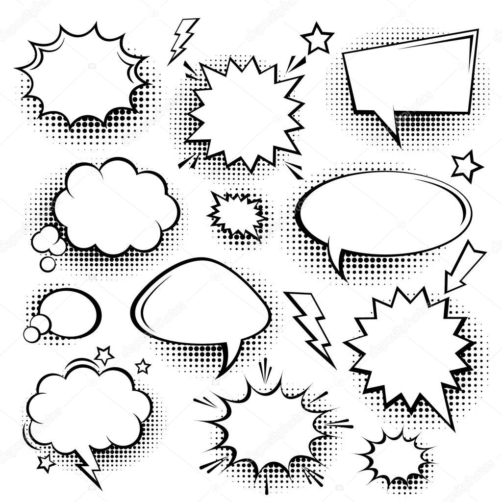 Collection of empty comic speech bubbles with halftone shadows. Hand drawn retro cartoon stickers. Pop art style. Vector illustration.