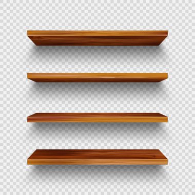 Realistic empty wooden store shelves set. Product shelf with wood texture. Grocery wall rack. Vector illustration.