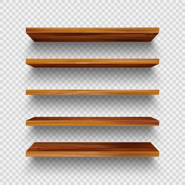 Realistic empty wooden store shelves set. Product shelf with wood texture. Grocery wall rack. Vector illustration.