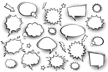 Yarım tonlu gölgeli boş komik konuşma baloncukları koleksiyonu. El çizimi eski çizgi film çıkartmaları. Pop sanat tarzı. Vektör illüstrasyonu.