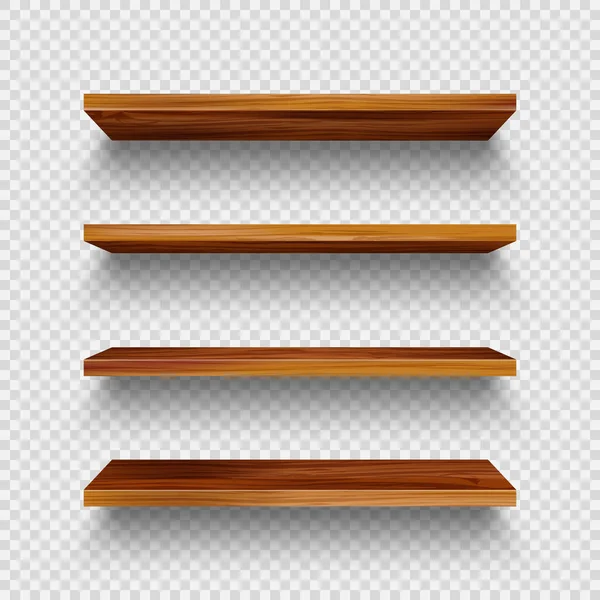 Realistic empty wooden store shelves set. Product shelf with wood texture. Grocery wall rack. Vector illustration. — Stock vektor