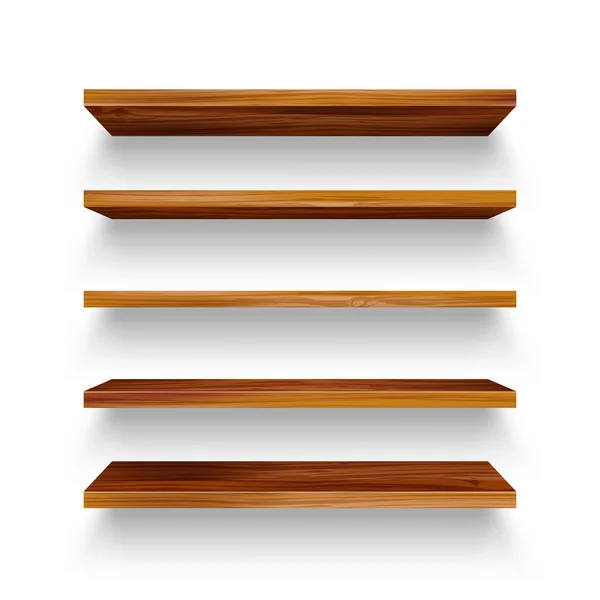 Realistic empty wooden store shelves set. Product shelf with wood texture. Grocery wall rack. Vector illustration. — Stock Vector