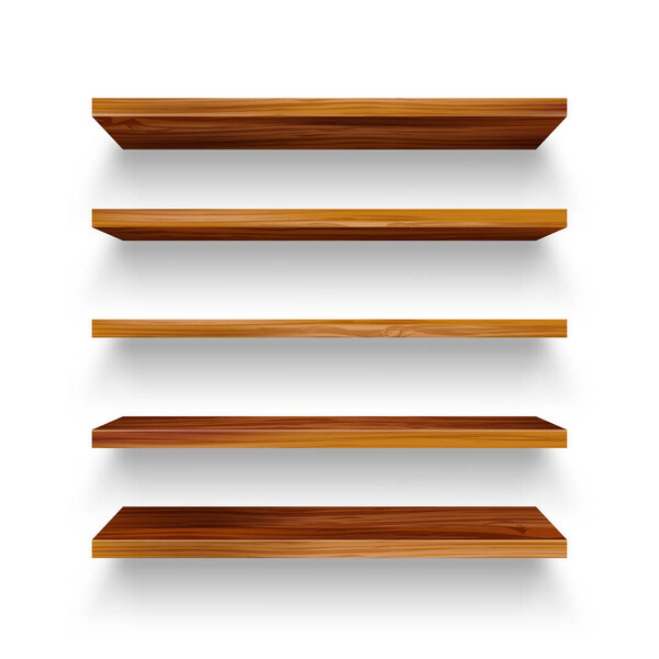 Realistic empty wooden store shelves set. Product shelf with wood texture. Grocery wall rack. Vector illustration.