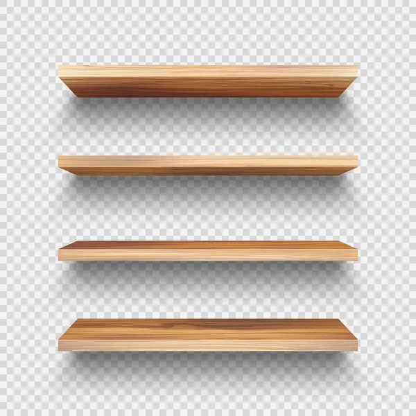 Realistic empty wooden store shelves set. Product shelf with wood texture. Grocery wall rack. Vector illustration. — Stock vektor