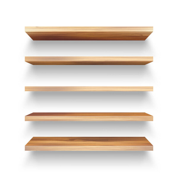 Realistic empty wooden store shelves set. Product shelf with wood texture. Grocery wall rack. Vector illustration.