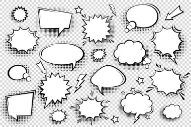 Collection of empty comic speech bubbles with halftone shadows. Hand drawn retro cartoon stickers. Pop art style. Vector illustration. clipart