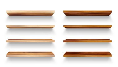 Realistic empty wooden store shelves set. Product shelf with wood texture. Grocery wall rack. Vector illustration.