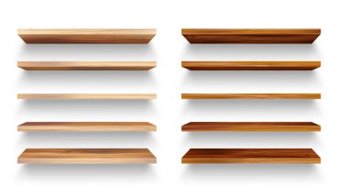 Realistic empty wooden store shelves set. Product shelf with wood texture. Grocery wall rack. Vector illustration.