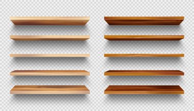 Realistic empty wooden store shelves set. Product shelf with wood texture. Grocery wall rack. Vector illustration.