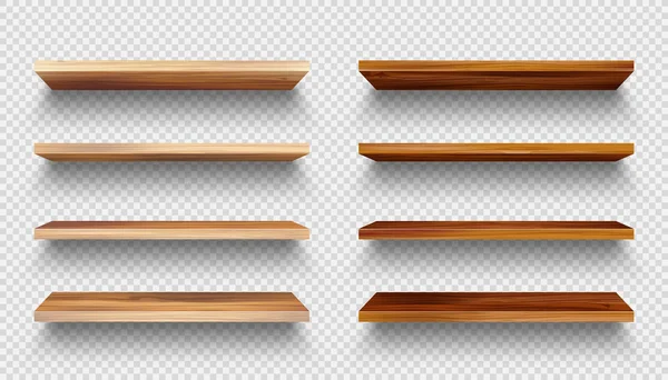 Estantes de madera vacíos realistas fijados. Estante del producto con textura de madera. Bastidor de pared del supermercado. Ilustración vectorial . — Vector de stock