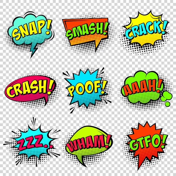 Comic colored speech bubbles with halftone shadow and text phrase. Sound expression of emotion. Hand drawn retro cartoon stickers. Pop art style. Vector illustration. — 스톡 벡터