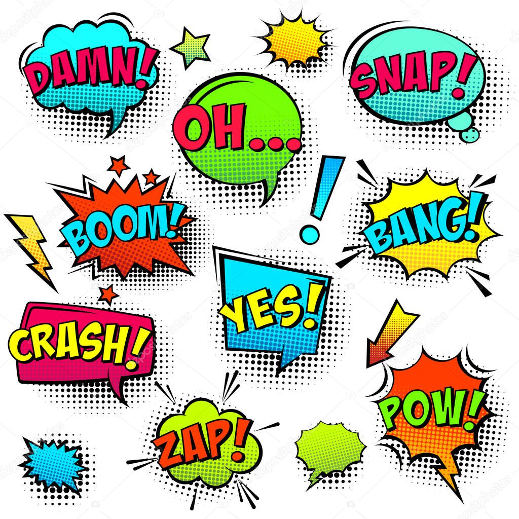 Comic colored speech bubbles with halftone shadow and text phrase. Sound expression of emotion. Hand drawn retro cartoon stickers. Pop art style. Vector illustration.