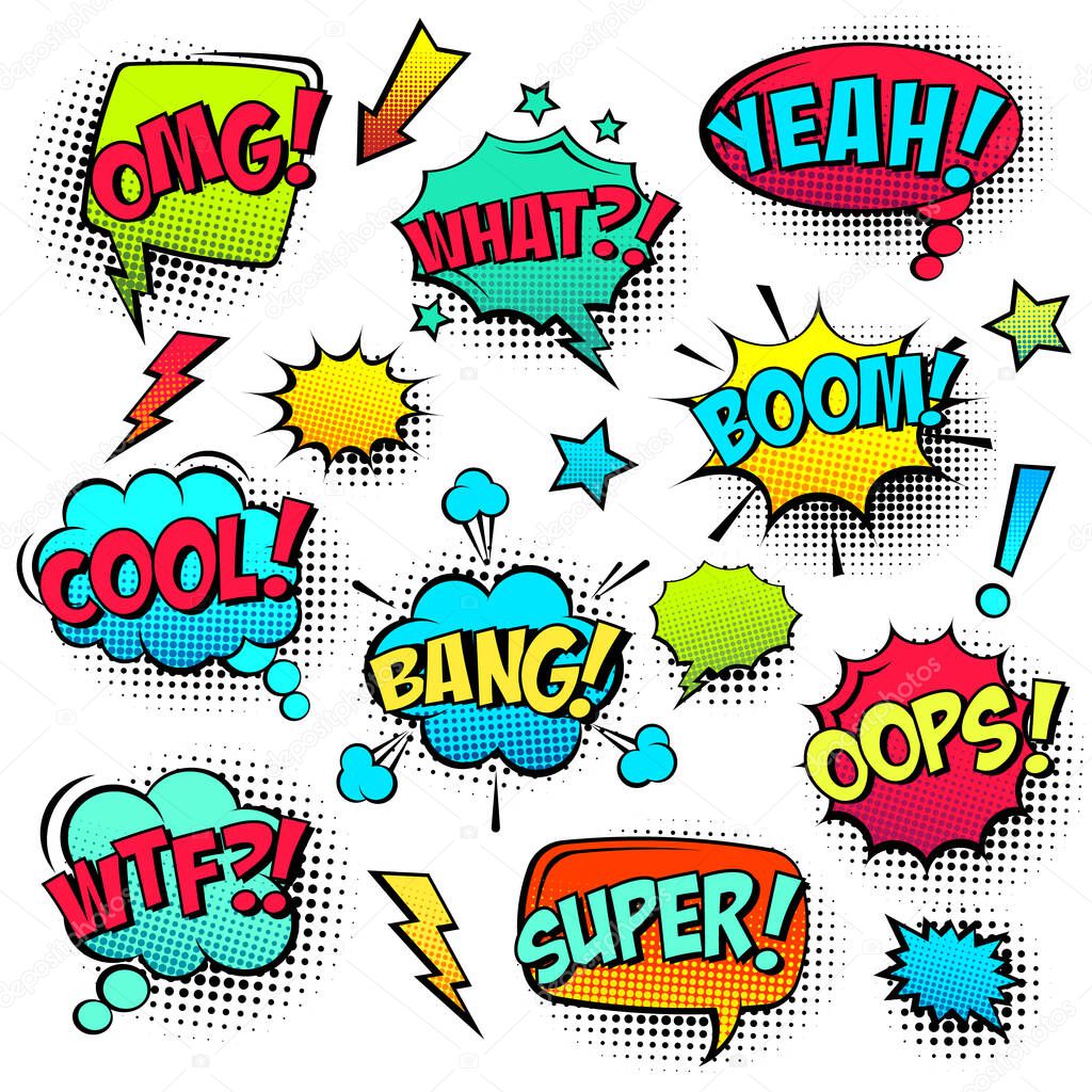 Comic colored speech bubbles with halftone shadow and text phrase. Sound expression of emotion. Hand drawn retro cartoon stickers. Pop art style. Vector illustration.