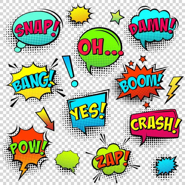 Comic-farbige Sprechblasen mit Halbtonschatten und Textphrasen. Klanglicher Ausdruck von Emotionen. handgezeichnete Retro-Cartoon-Sticker. Pop-Art-Stil. Vektorillustration. — Stockvektor