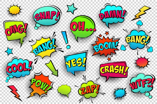 Comic-farbige Sprechblasen mit Halbtonschatten und Textphrasen. Klanglicher Ausdruck von Emotionen. handgezeichnete Retro-Cartoon-Sticker. Pop-Art-Stil. Vektorillustration. — Stockvektor