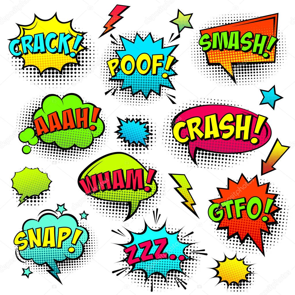 Comic colored speech bubbles with halftone shadow and text phrase. Sound expression of emotion. Hand drawn retro cartoon stickers. Pop art style. Vector illustration.