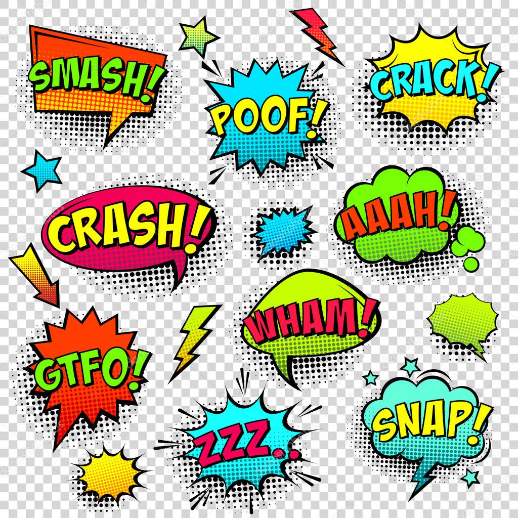 Comic colored speech bubbles with halftone shadow and text phrase. Sound expression of emotion. Hand drawn retro cartoon stickers. Pop art style. Vector illustration.