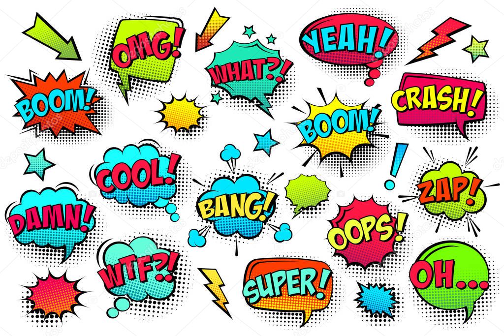 Comic colored speech bubbles with halftone shadow and text phrase. Sound expression of emotion. Hand drawn retro cartoon stickers. Pop art style. Vector illustration.