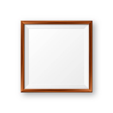 Gerçekçi boş ahşap resim çerçevesi. Modern poster modeli. Ahşap desenli boş fotoğraf çerçevesi. Sanat galerisi. Vektör illüstrasyonu.