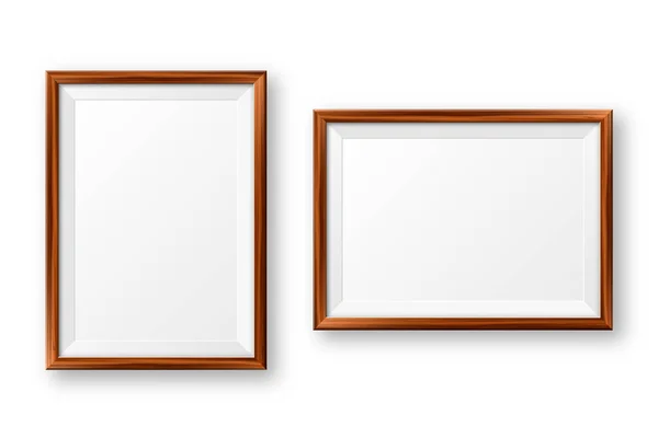 Realistic blank wooden picture frame. Modern poster mockup. Empty photo frame with texture of wood. Art gallery. Vector illustration. — Stock Vector