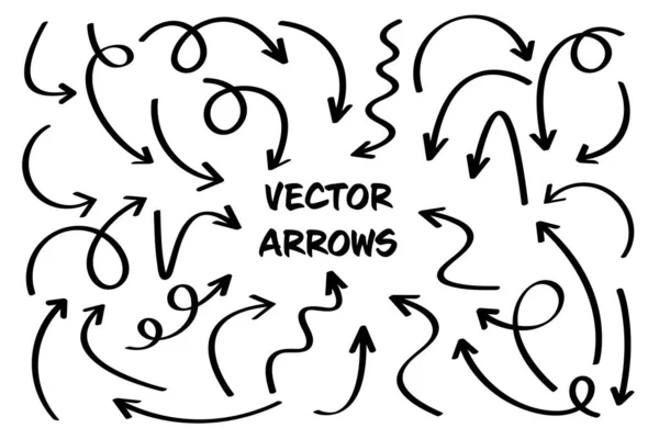 Černé ručně kreslené šipky nastavit na bílém pozadí. Šipka, ikona kurzoru. Kolekce Vector Pointers. Zpět, podpis další webové stránky. — Stockový vektor