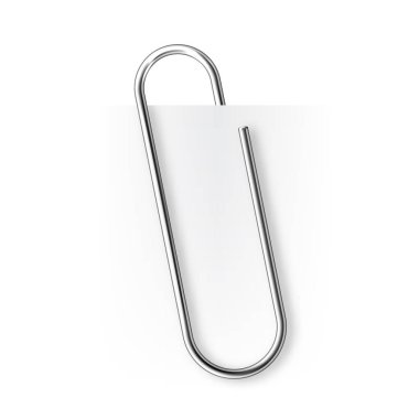 Realistic tilted metal paper clip. Page holder, binder. Vector illustration.