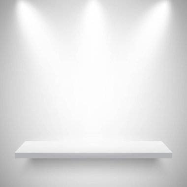Illuminated realistic wall shelf. Empty store rack. Studio background with spotlights. Vector illustration.